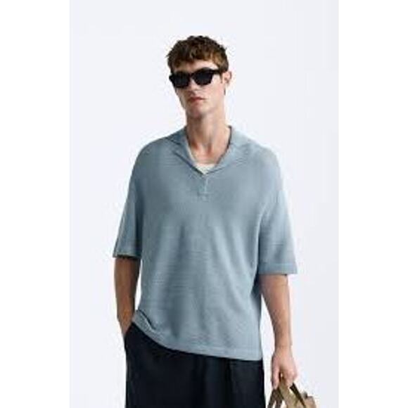 Zara powder blue KNIT POLO SHIRT sweater Size XL NWT $50 - Picture 2 of 7